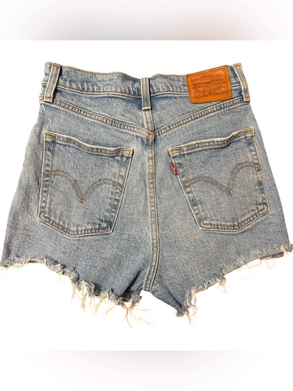 Levi’s Ribcage Shorts, Medium Wash, Button Fly, 26” High Rise, Distressed